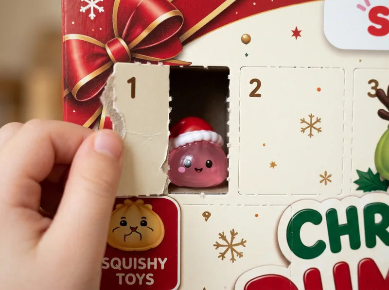 Mano de niño abriendo la puerta 1 del calendario Squishy Life con un squishy dentro