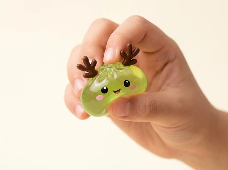 Mano apretando un squishy de dumpling con cuernos de reno