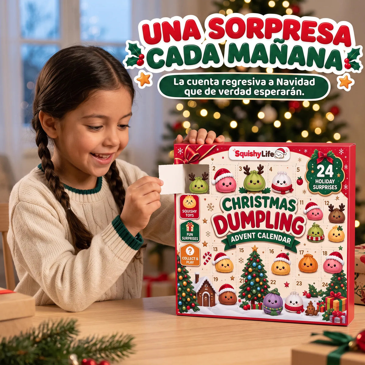 Niña con trenzas abriendo la primera puerta del calendario de Adviento Squishy Life