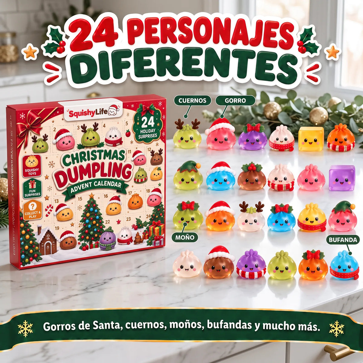 Los 24 personajes squishy de dumplings navideños junto al calendario Squishy Life