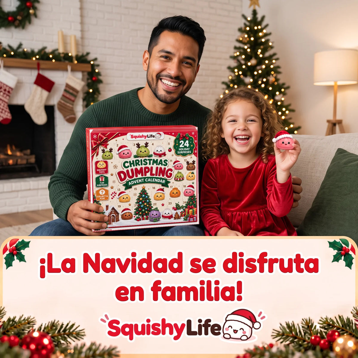 Papá e hija felices con el calendario de Adviento Squishy Life en Navidad