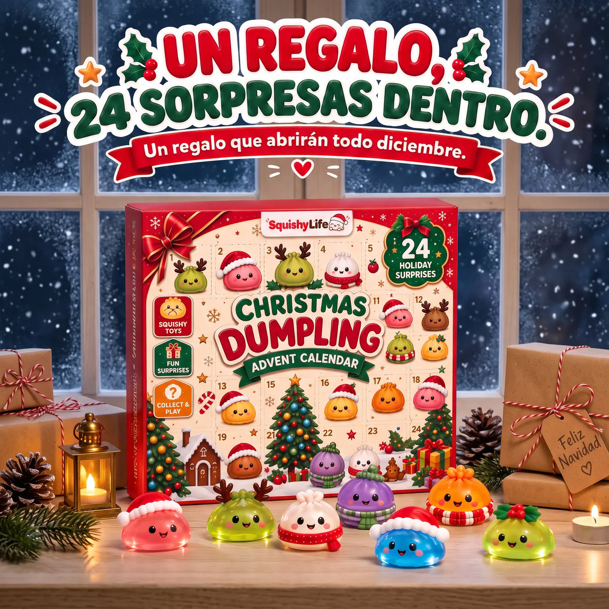 Calendario Squishy Life con squishies y regalos junto a una ventana nevada