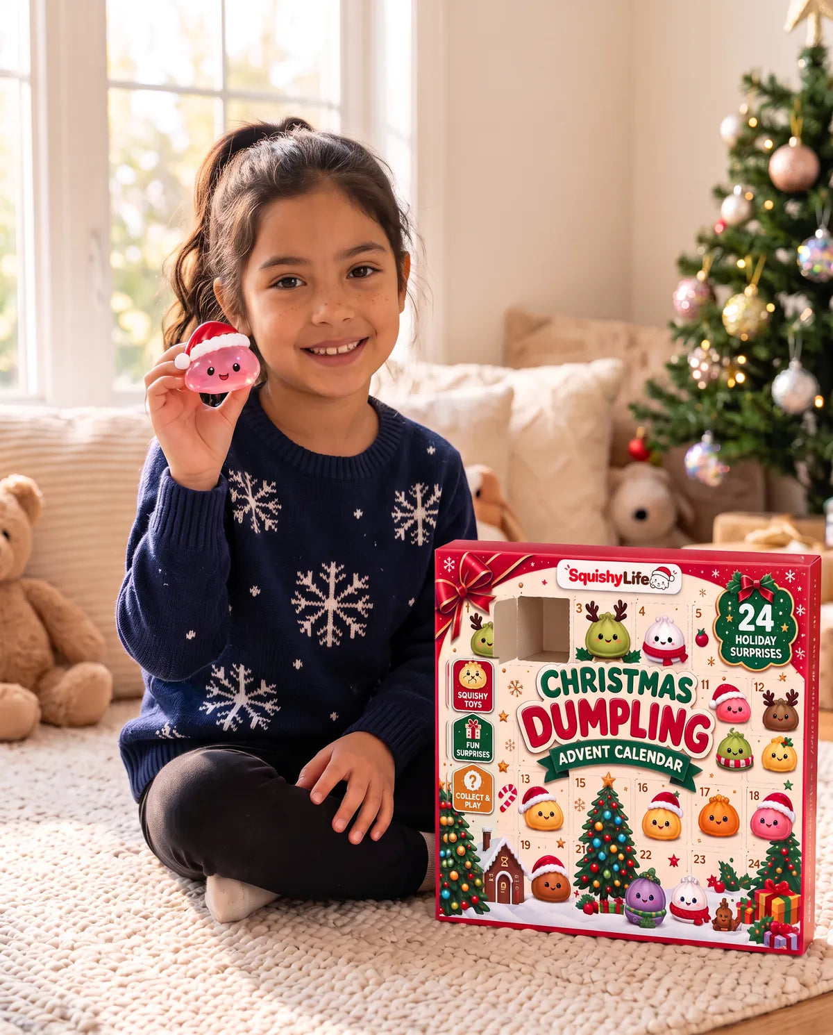 Niña sonriendo con su squishy junto al calendario Squishy Life