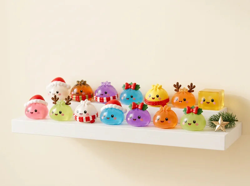 Colección de squishies de dumplings navideños en una repisa