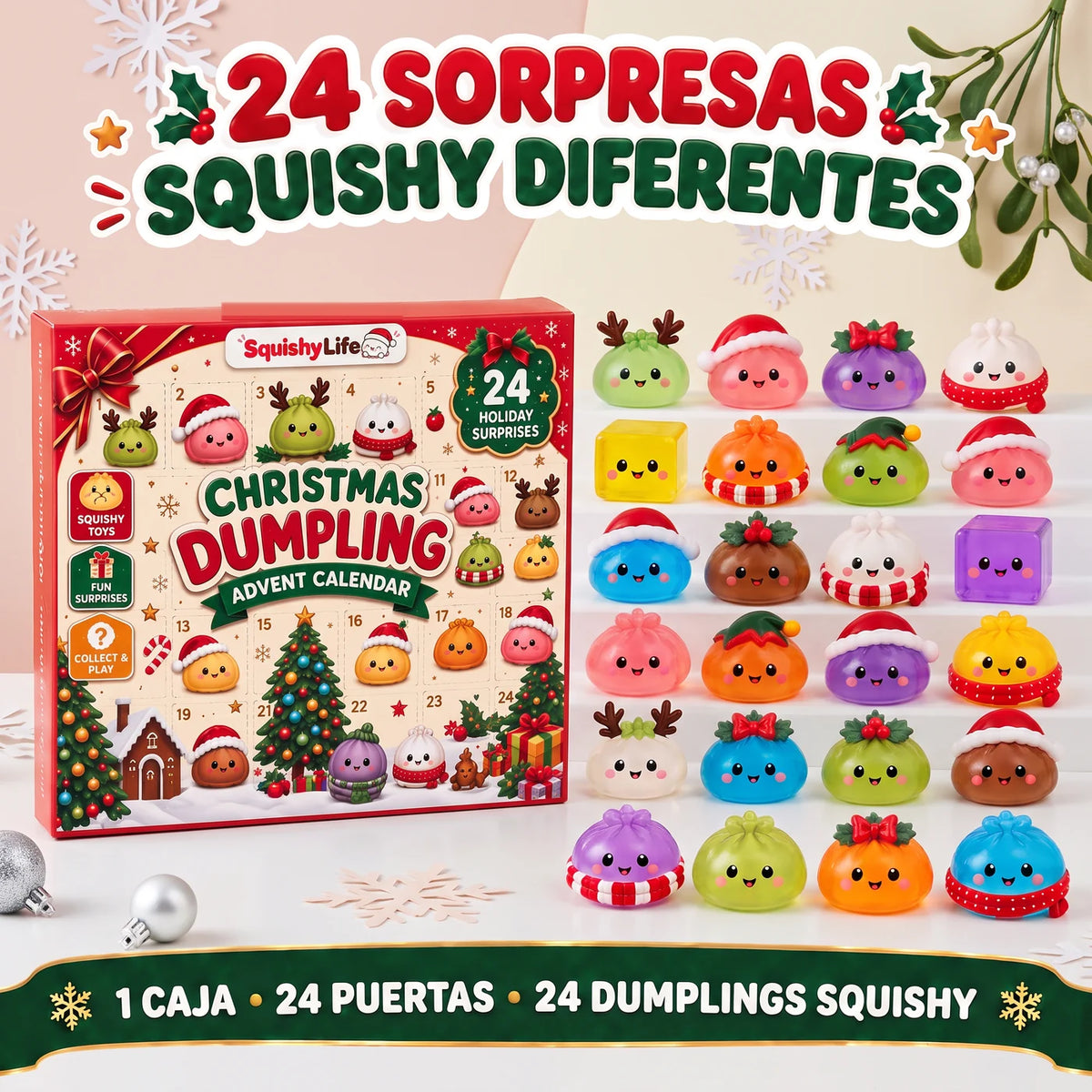 24 squishies de dumplings diferentes junto al calendario Squishy Life