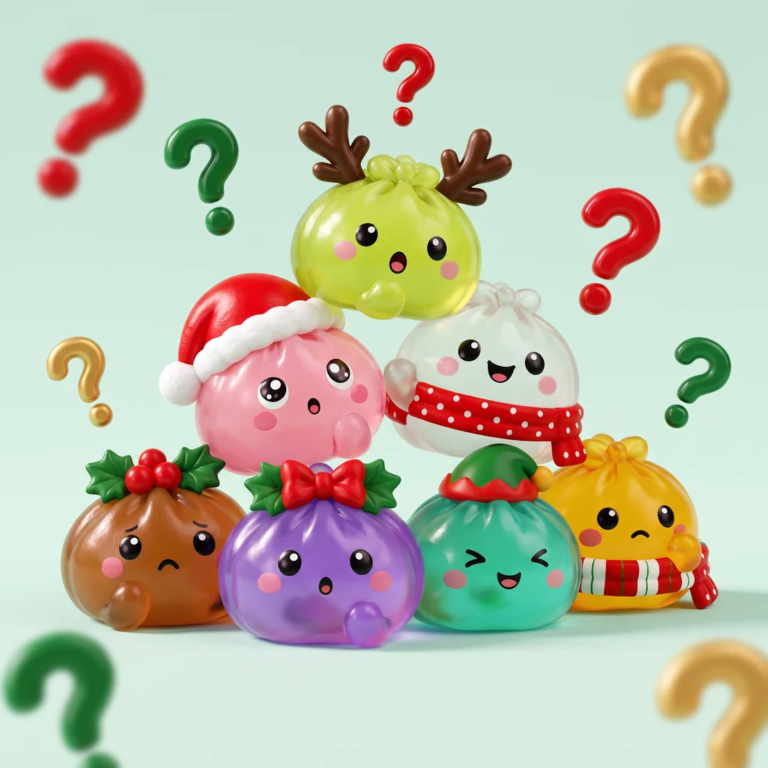 Squishies de dumplings navideños rodeados de signos de pregunta